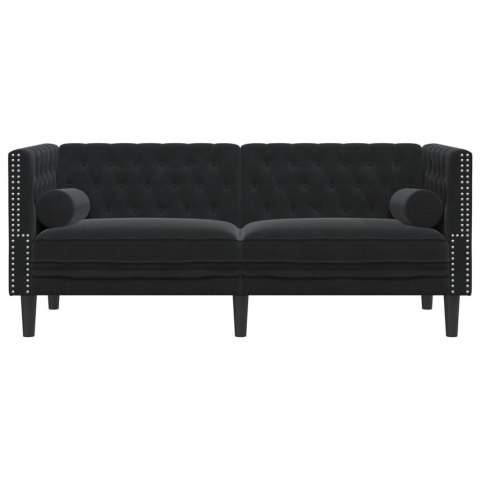 Sofa Chesterfield z wałkami, dwuosobowa, czarna, aksamit