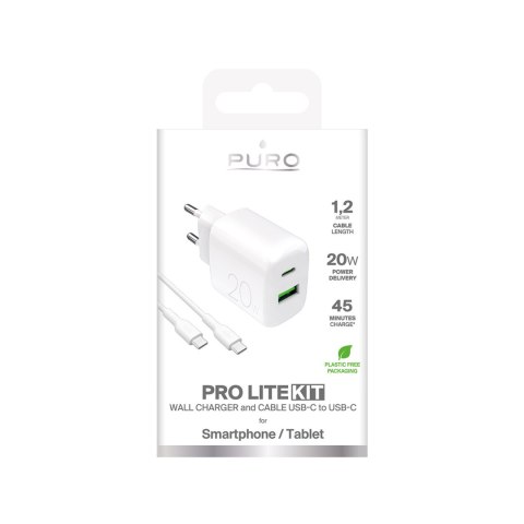 Ładowarka sieciowa USB-A USB-C 20W z kablem USB-C 1.2m - biała