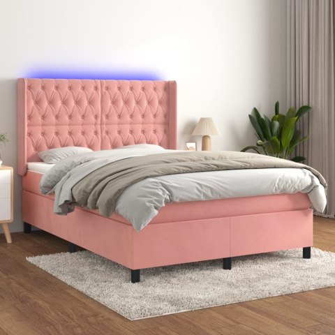 Łóżko kontynentalne z materacem i LED, różowy aksamit 140x190cm