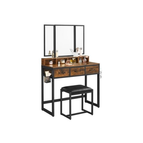 Rustykalna toaletka z lustrem i stołkiem, 3 szuflady, 90 cm