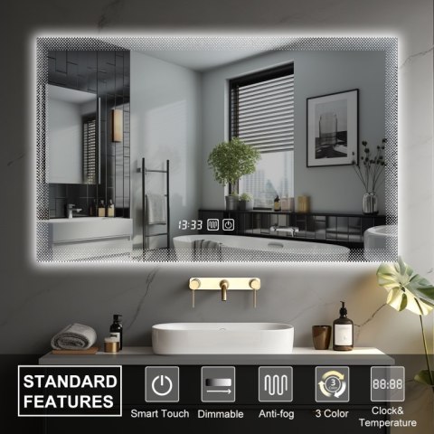 Podświetlane lustro LED 90x70 cm z zegarem i wyborem barwy