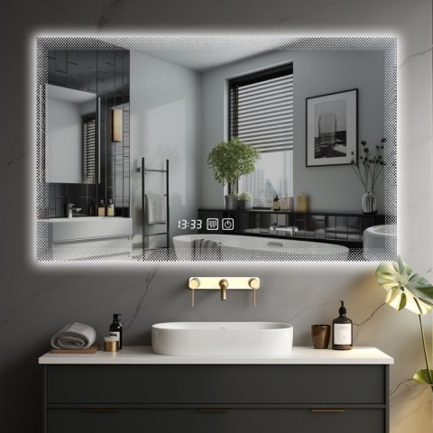 Podświetlane lustro LED 90x70 cm z zegarem i wyborem barwy