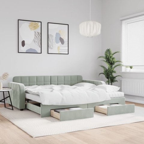 Sofa rozsuwana z szufladami, jasnoszara, 90x190 cm, aksamit