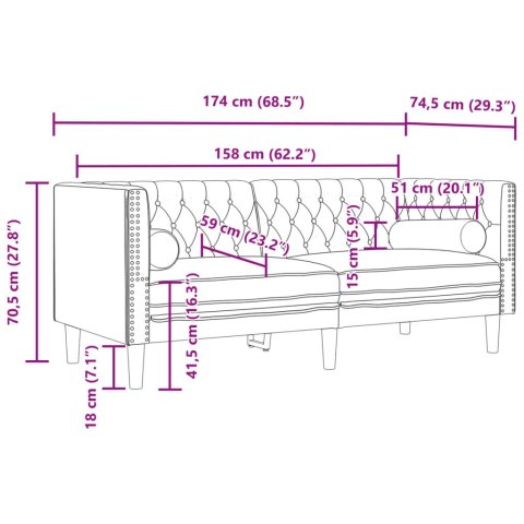 Sofa Chesterfield z wałkami, dwuosobowa, niebieska, aksamit