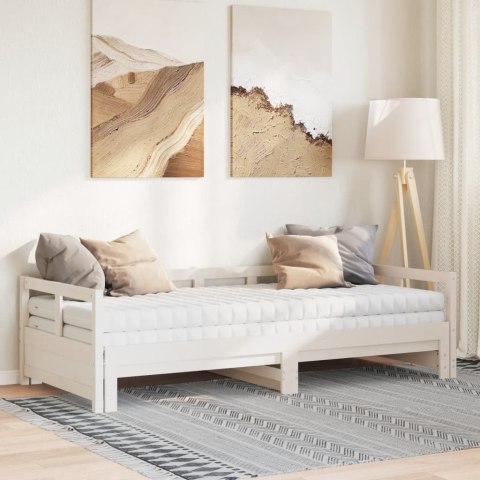 Łóżko dzienne, rozsuwane, z materacem, białe, 90x200 cm, sosna
