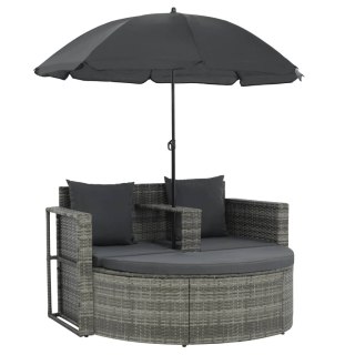 2-osobowa sofa z poduszkami i parasolem, polirattan, szara