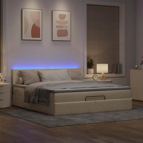 Otomana Łóżko z Materacem i LED, kremowy, 180x200cm, tkanina