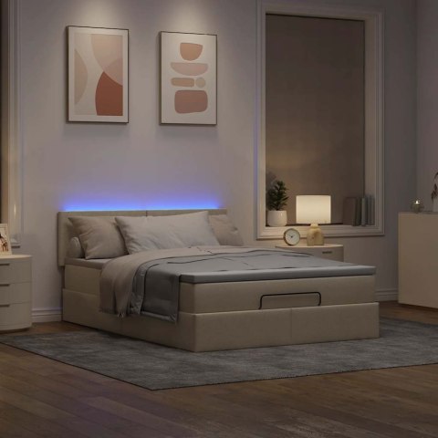 Otomana Łóżko z Materacem i LED Kremowy 140x200 cm Tkanina
