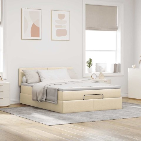 Otomana Łóżko z Materacem i LED Kremowy 140x200 cm Tkanina