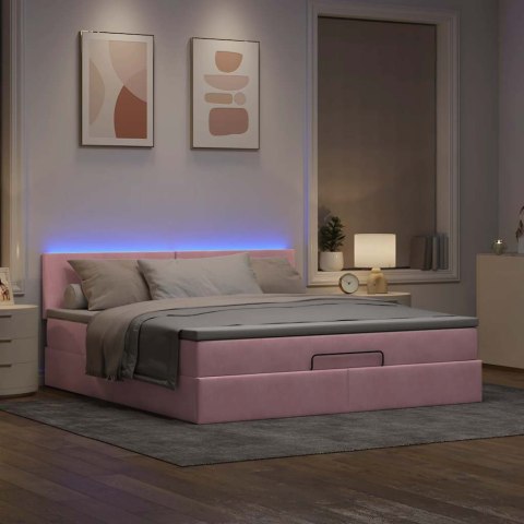 Łóżko otomana z materacem i LED, różowy, 180x200cm, aksamit