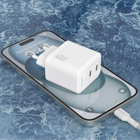 Ładowarka sieciowa 2xUSB-C z kablem USB-C GaN PD 45W - biała