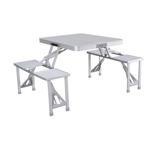"Marbueno Zestaw Stół i 4 Siedzenia z Otworem na Parasol Składany Aluminiowy Szary Camping i Plaża 136X85X67 cm 10439"