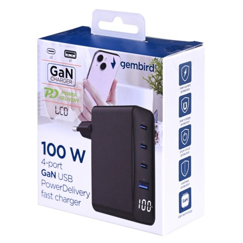 GEMBIRD 4-PORTOWA SZYBKA ŁADOWARKA SIECIOWA GAN (PD) USB (3X USB-A + 1X USB TYP-C) 100W, CZARNA