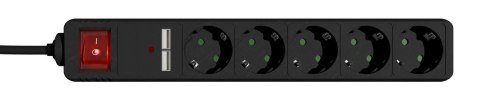 GEMBIRD LISTWA ZASILAJĄCA, PRZECIWPRZEPIĘCIOWA 5XSCHUKO + 2X USB, 1,5M, KOLOR CZARNY