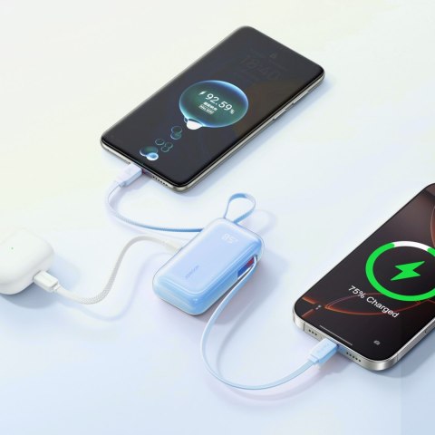 Powerbank 10000mAh 35W ze zwijanym kablem USB-C kablem-smyczą Lightning - niebieski