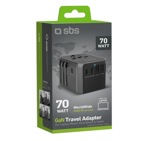 Adapter podróżny przejściówka do gniazdek EU UK US AUS USB-C USB-A GaN 70W - czarny