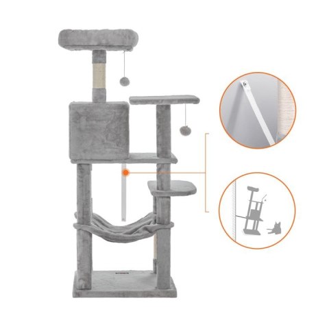 Stabilny drapak z domkiem i hamakiem dla kota 143 cm szary
