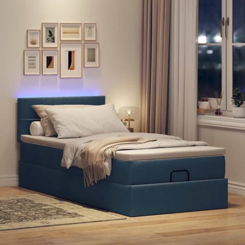 Otomana Łóżko z Materacem i LED Niebieski 100x200 cm Tkanina
