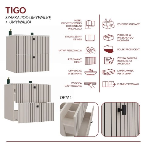 SZAFKA POD UMYWALKĘ TIGO 60 2S KASZMIR RYFLOWANY FRONT + UMYWALKA