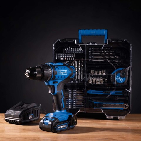 Wiertarko-wkrętarka w walizce + bateria 2 Ah + ładowarka 2,4 A + akcesoria C-DTB74/1-X 20 V IXES Scheppach