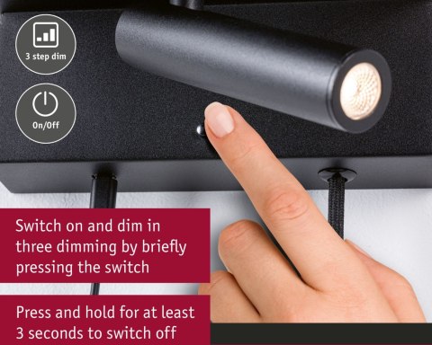 Oprawa ścienna JERIK LED 2,4W 3-STEP DIM 160lm 3000K USB-C 230V Z przełącznikiem Czarny mat /metal