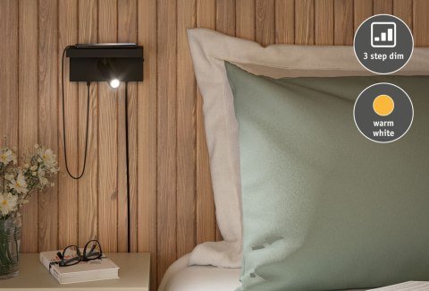 Oprawa ścienna JERIK LED 2,4W 3-STEP DIM 160lm 3000K USB-C 230V Z przełącznikiem Czarny mat /metal