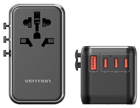 Uniwersalny adapter podróżny z ładowarką Vention 100W GaN 1x USB-A 3x USB-C czarny
