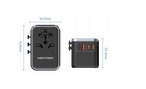 Uniwersalny adapter podróżny z ładowarką Vention 65W GaN 2x USB-A 2x USB-C czarny