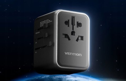 Uniwersalny adapter podróżny z ładowarką Vention 65W GaN 2x USB-A 2x USB-C czarny