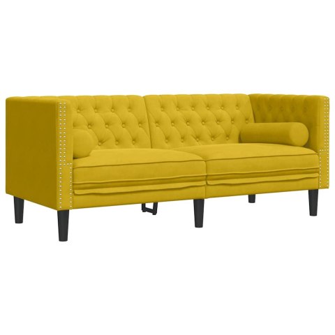 Sofa Chesterfield z wałkami, dwuosobowa, żółta, aksamit