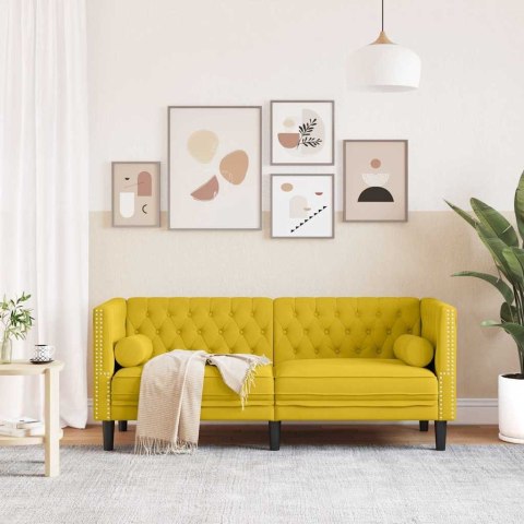 Sofa Chesterfield z wałkami, dwuosobowa, żółta, aksamit