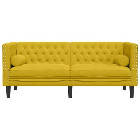 Sofa Chesterfield z wałkami, dwuosobowa, żółta, aksamit