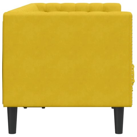 Sofa Chesterfield z wałkami, dwuosobowa, żółta, aksamit