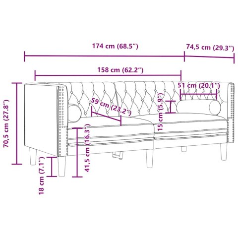 Sofa Chesterfield z wałkami, dwuosobowa, żółta, aksamit