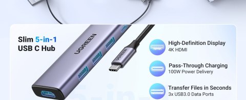 Ugreen Wielofunkcyjny HUB 5w1 USB-C - HDMI 1.4 / 3 x USB-A / USB-C PD 100W CM511 - szary