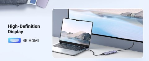 Ugreen Wielofunkcyjny HUB 5w1 USB-C - HDMI 1.4 / 3 x USB-A / USB-C PD 100W CM511 - szary