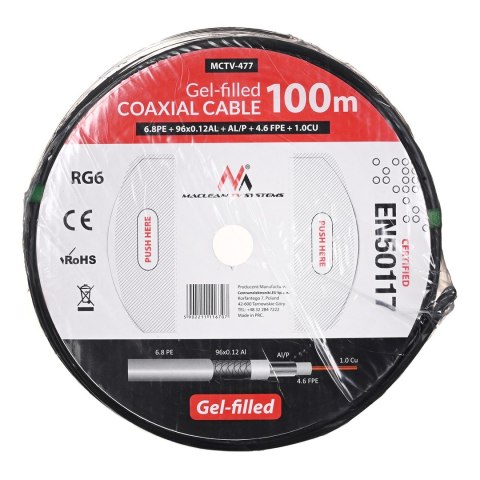 MACLEAN KABEL PRZEWÓD KONCENTRYCZNY ŻELOWANY SATELITARNY RG6 100M 1.0CU+4.6FPE+AL/P+96*0.12AL+6.8PE MCTV-477