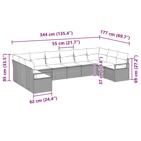 Zestaw Sof z poduszką 10 pcs Czarny polirattan