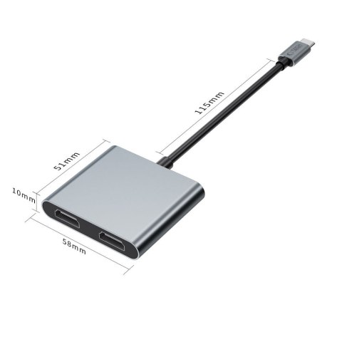 HUB adapter 4w1 USB-C USB-A 2x HDMI 4K 60HZ - szary