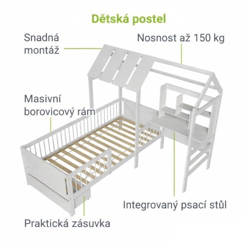 Białe łóżko dziecięce domek Yari z biurkiem i szufladami