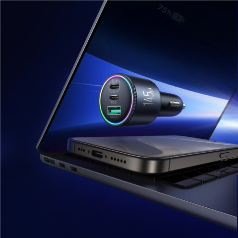 Ładowarka samochodowa USB-A USB-C z kablem 145W - ciemnoszara
