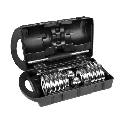 Hantle żeliwne chromowane regulowane w walizce z gryfem, zestaw 15kg REBEL ACTIVE