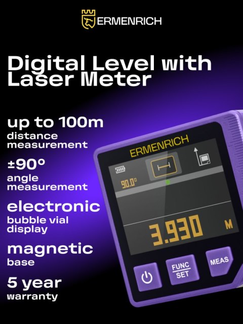Poziomica cyfrowa z dalmierzem laserowym 3-w-1 Ermenrich Verk LQ60
