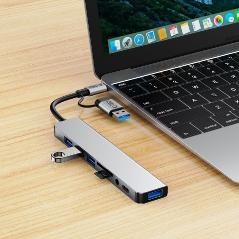 HUB rozdzielacz wielofunkcyjny 8w1 USB-C USB-A SD/TF AV3.5 - szary