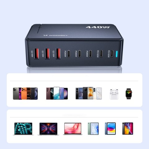 Stacja ładująca biurkowa 3x USB-A 5x USB-C GaN QC3 440W - czarna