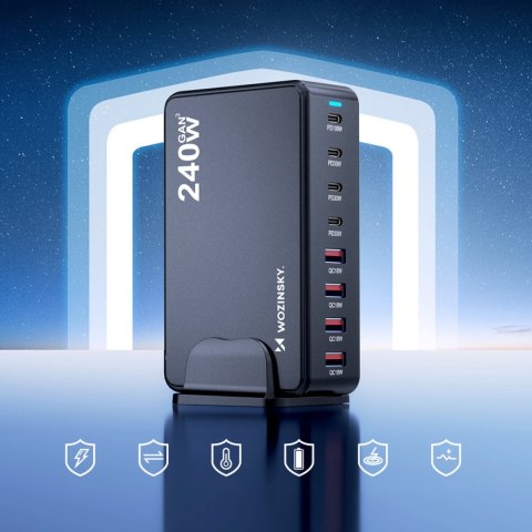Stacja ładująca biurkowa 4x USB-A 4x USB-C GaN QC3 240W - czarna