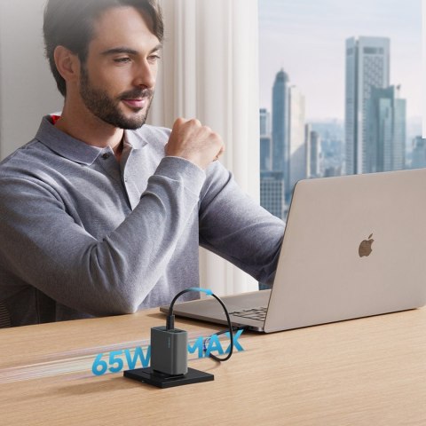 Ładowarka sieciowa USB-C USB-A GaN 65W - szara