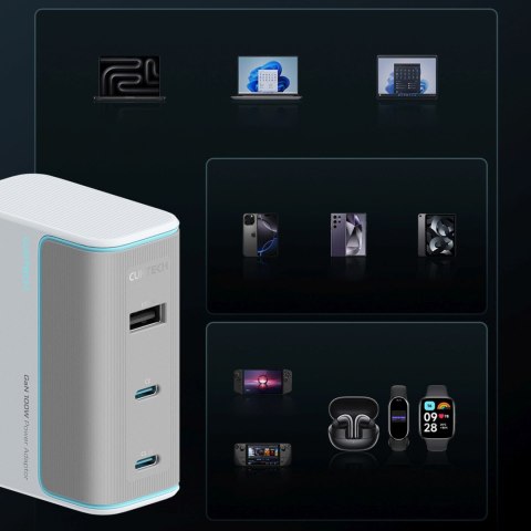 Ładowarka sieciowa USB-C USB-A z kablem GaN 100W - biała
