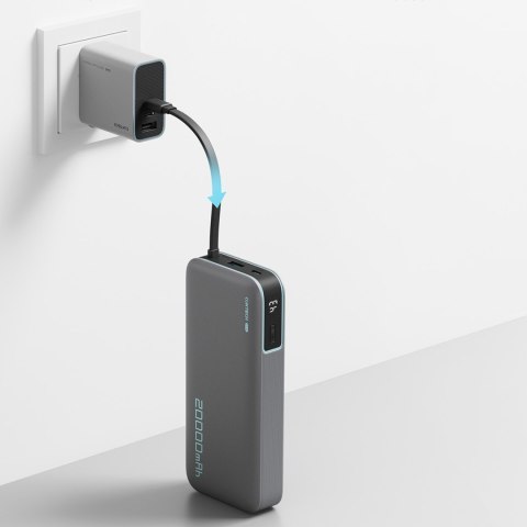 Powerbank 20000mAh USB-A USB-C z wbudowanym kablem USB-C 55W - szary