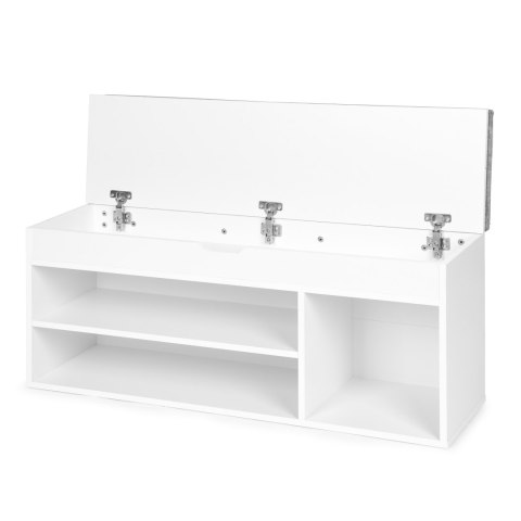 Szafka na buty z szarą poduszką i otwieranym siedziskiem 3 półki biała ModernHome